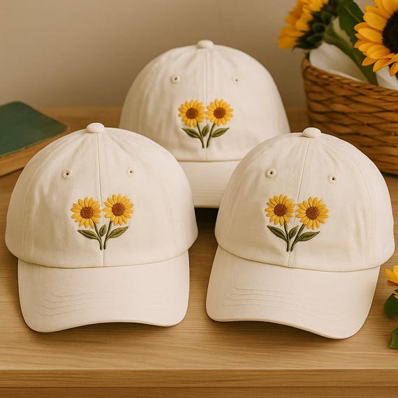 Sunflower Flower Embroidered Washed Baseball Cap, Washed Cotton