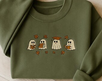 Embroidered Fall Ghost Sweatshirt, Reading Ghost Sweatshirt, Halloween Ghost Sweatshirt, Bookish Coffee Lover Halloween Shirt, Fall Sweater