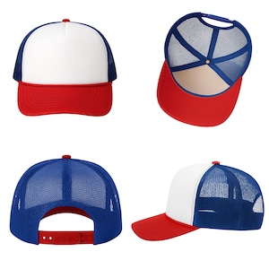May include: A trucker cap featuring a solid white front panel, a vibrant red brim, and blue mesh side and back panels. The cap includes a red plastic snapback closure at the rear and a red button on the top crown, showcasing multiple angles.