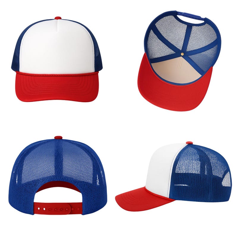 May include: A trucker cap featuring a solid white front panel, a vibrant red brim, and blue mesh side and back panels. The cap includes a red plastic snapback closure at the rear and a red button on the top crown, showcasing multiple angles.