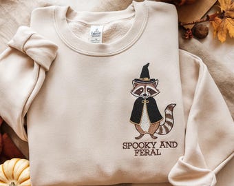 Embroidered Retro Spooky And Feral Raccoon Sweatshirt, Halloween Raccoon Shirt, Creepy Cute Raccoon Ghost Hoodie, Halloween Mama Shirt