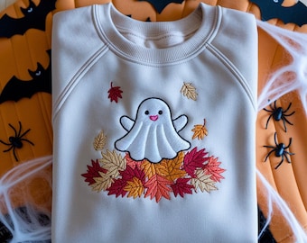 Embroidered Fall Ghost Sweatshirt, Autumn Cozy Season Sweatshirt, Pumpkin, Embroidered Mushroom Sweater, Halloween Sweatshirt, Fall Apparel