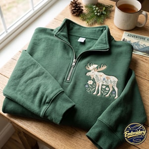 Broderad blommig älgtröja med kvarts dragkedja, Naturecore Boho Wildlife-skjorta