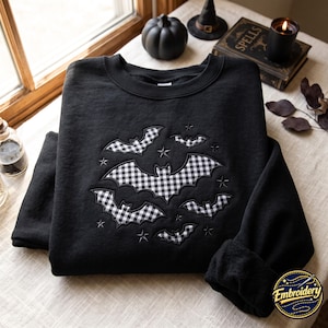 Embroidered Bat Applique Sweatshirt, Gingham Halloween Crewneck, Gothic Fall Sweater