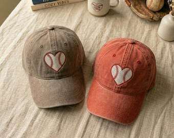 Distressed Washed Cotton Baseball Hat, Embroidered Heart, Game Day Style