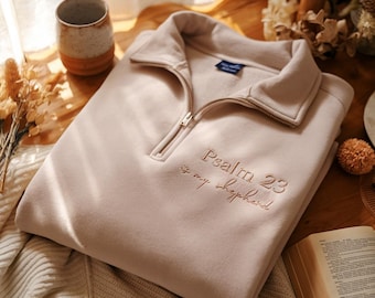 Psalm 23 geborduurd sweatshirt met kwartrits: christelijk bijbelvers, retro herfsttrouw