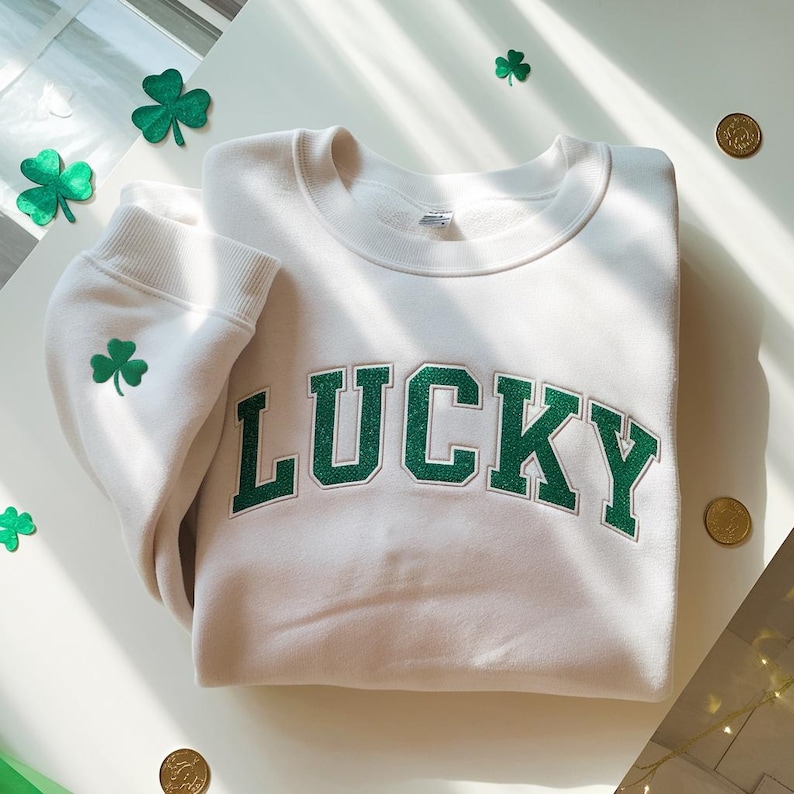 Embroidered Glitter Lucky Sweatshirt, St. Patrick's Day Crewneck image 2