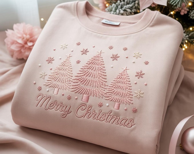 Embroidered Christmas Tree Sweatshirt, Coquette Xmas Crewneck Gift