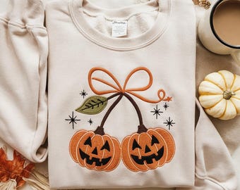 Embroidered Pumpkin Cherries Autumn Girly Sweatshirt, Halloween Pumpkin Shirt, Fall pumpkin Tee, Pumpkin Cheeries Coquette Tee, Fall Shirt