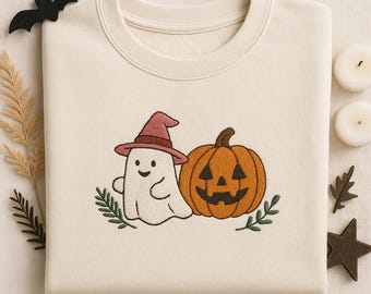 Sudadera bordada de Halloween, camiseta de Halloween, camiseta retro de fantasma, camiseta bonita de otoño, camiseta de Halloween para mujer, camiseta de temporada de calabazas, fantasma bonito