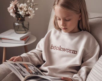 Embroidered Book Worm Toddler Sweatshirt - Retro Kids Pullover - Cute Natural Toddler Crew Neck - Bookish Sweatshirt - Gift For Book Lover