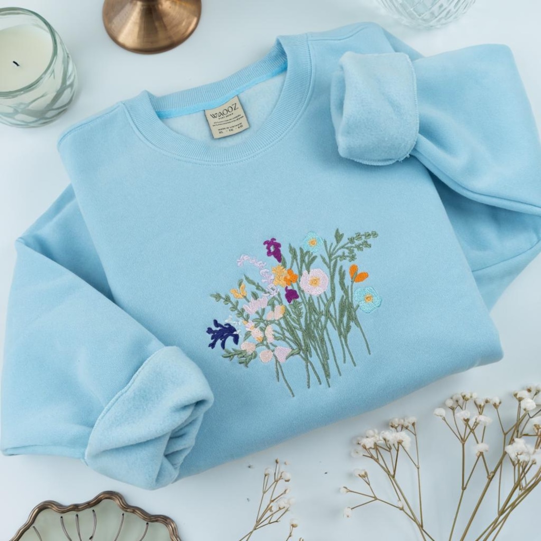 Floral Embroidered Sweatshirt: Wildflower Bouquet, Cottagecore Style - Etsy