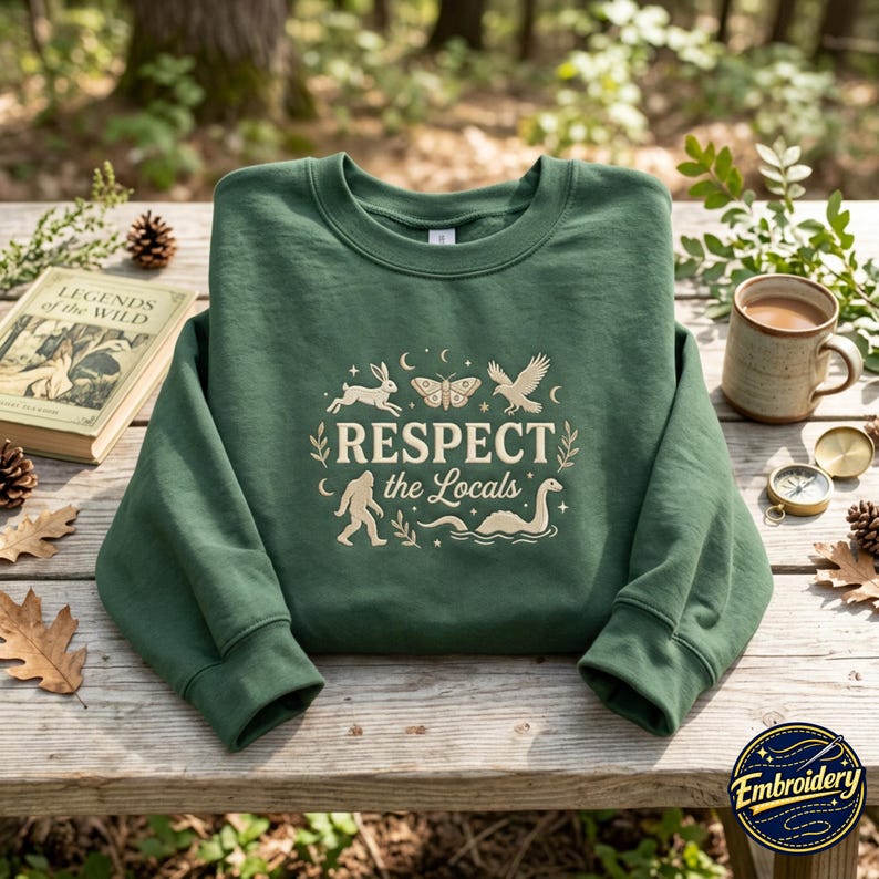 May include: A forest green crewneck sweatshirt featuring a cream-colored graphic print on the chest. The design includes illustrations of a rabbit, moth, bird, Bigfoot, and a sea creature, with the text "RESPECT the Locals" in the center.