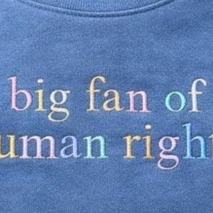 May include: Close-up of a blue sweatshirt with the embroidered text "big fan of human rights" in pastel colors. The text is centered and the sweatshirt has a crew neck.