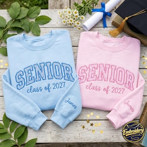 Embroidered Gingham Senior Applique Sweatshirt Class of 2027, Personalized Graduation Crewneck, Custom Name Sleeve, Patchwork Senior Gift