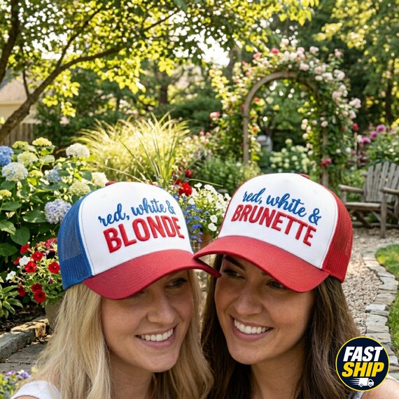 Red White & Blonde Hat, Red White And Brunette Embroidered Mesh Trucker Hat, Patriotic Hat, 4Th Of July Hat, America Hat Trendy Hat
