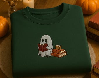 Sudadera con bordado de fantasma leyendo, sudadera de cuello redondo para amantes de los libros de Halloween.