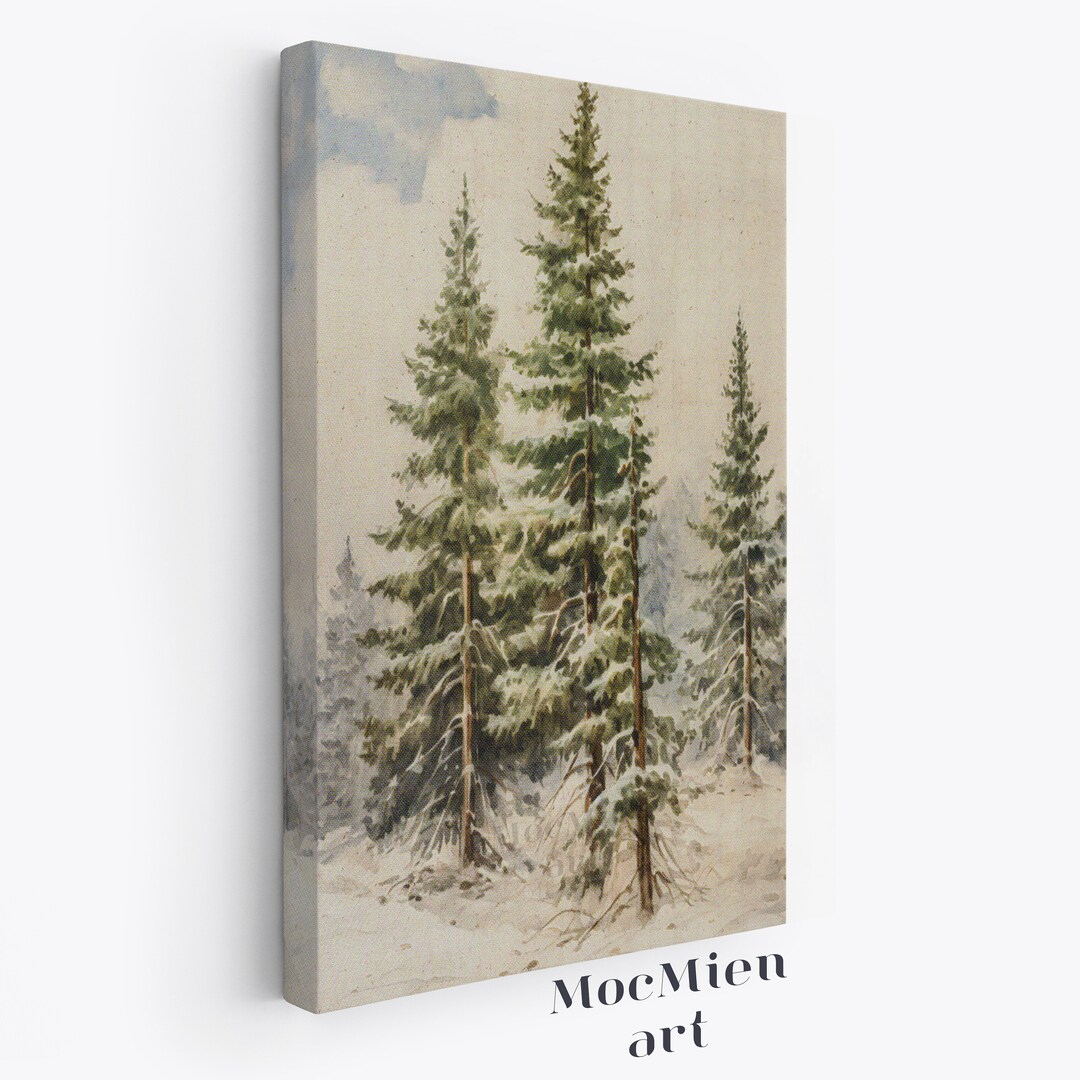 Snowy Forest Vintage Pine Trees Canvas Poster Natural Wall Art