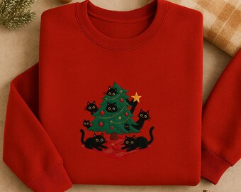 Sweat-shirt brodé chat de Noël, chemise Happy Cat Year, chemise chat de Noël, sweat à capuche de Noël chat, sweat-shirt chats, chemise de Noël pour amoureux des chats