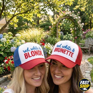 Red White & Blonde Hat, Red White And Brunette Embroidered Mesh Trucker Hat, Patriotic Hat, 4Th Of July Hat, America Hat Trendy Hat image 1