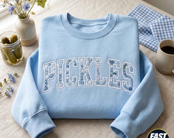 Embroidered Floral Pickles Sweatshirt, Light Blue Shirt