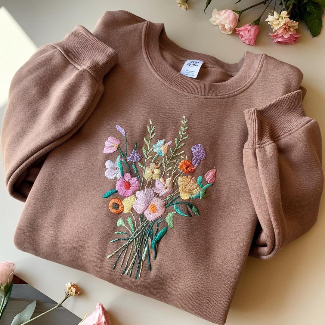 Floral Embroidered Sweatshirt: Wildflower Bouquet, Cottagecore