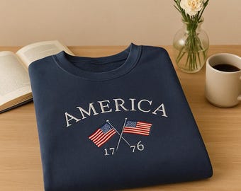 Sweatshirt met ronde hals geborduurde America Flags, geborduurd VS-shirt, 4 juli, Independence Rood Wit Blauw United States American, verkiezing