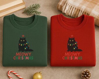 Embroidered Meowy Christmas Sweatshirt, Cat Lover Xmas Gift
