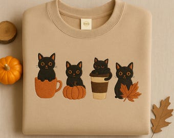 Broderad Halloween svart katttröja, pumpahösttröja