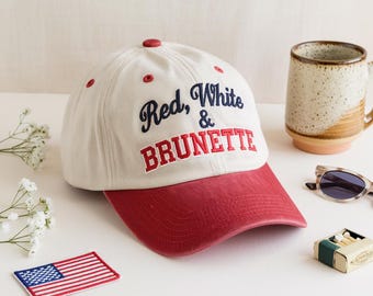 Embroidered Red White And Brunette Trucker Cap, Red White And Blondy Washed Hat, Fourth of July hat, 4th of July Hat, Cap