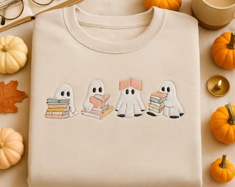 Embroidered Ghost Reading Sweatshirt, Fall Crewneck, Book Lover Gift
