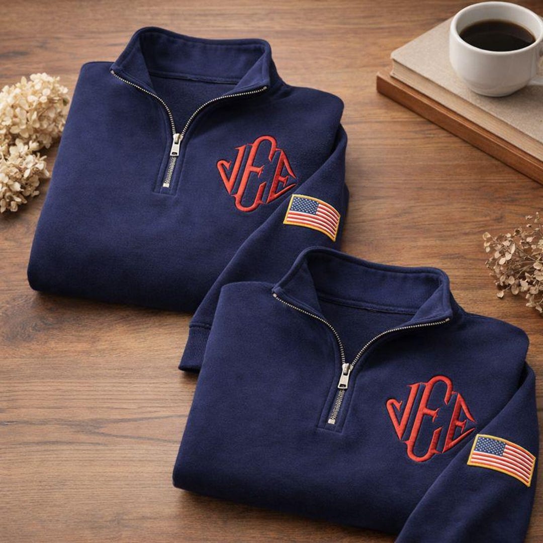 Embroidered Monogram Quarter Zip Sweatshirt, USA Inspired, Fleece