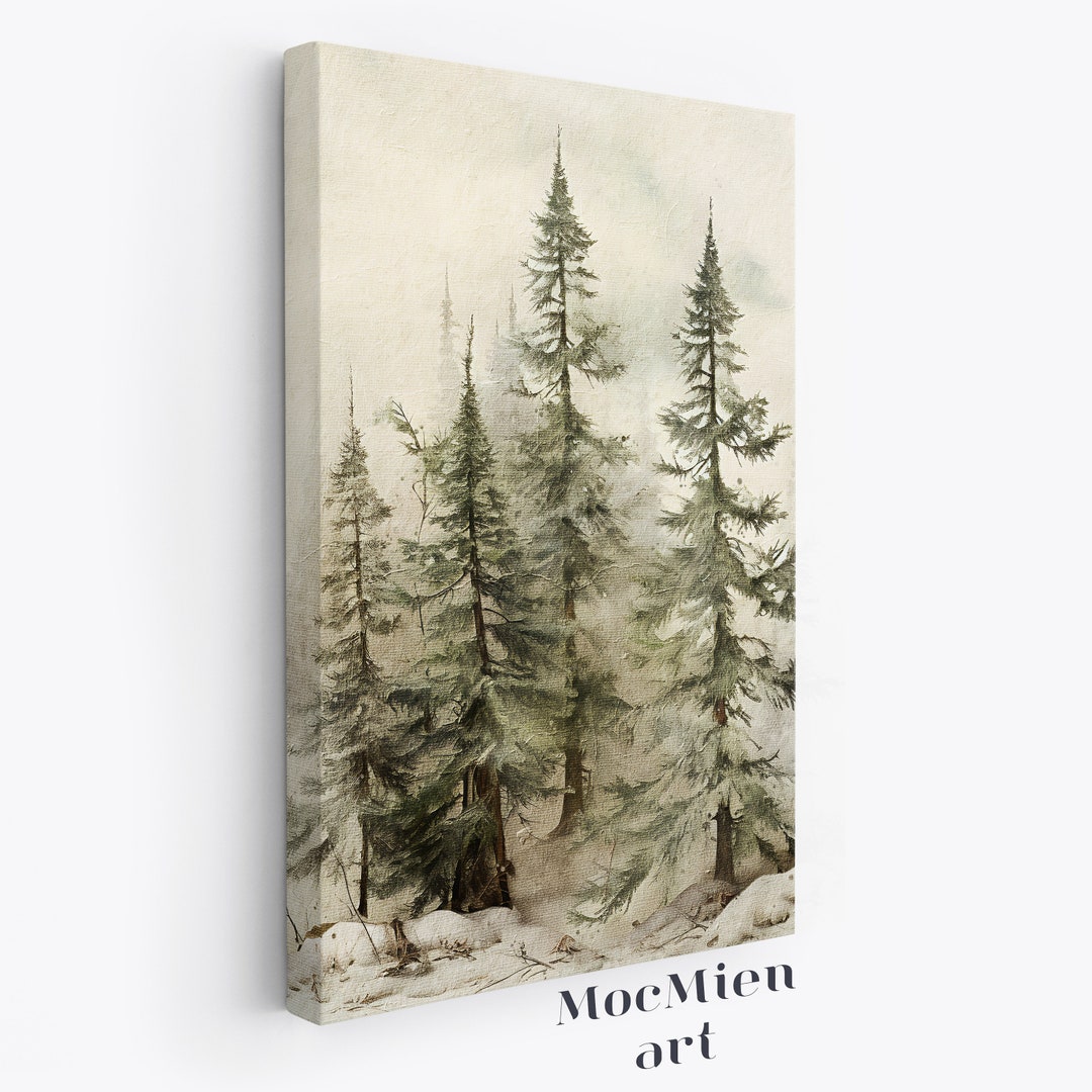 Snowy Forest Vintage Pine Trees Canvas Poster Natural Wall Art
