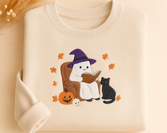Felpa con ricamo "fantasma che legge libri", fantasma bibliotecario di Halloween, maglietta per insegnanti di Halloween, maglietta di Halloween, regalo per insegnanti, Boo School