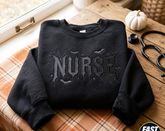 Embroidered Spooky Nurse Heavy Metal Sweatshirt, Halloween RN Gift