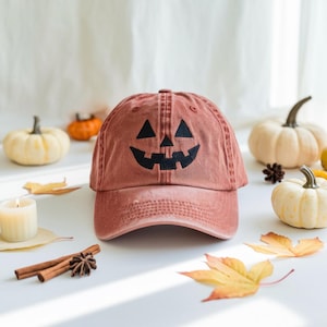 Embroidered Jack-o-lantern Pumpkin Washed Hat, Spooky Season Embroidered Cap, Halloween Costumes Hat, Vintage Dad Cap, Halloween Gift