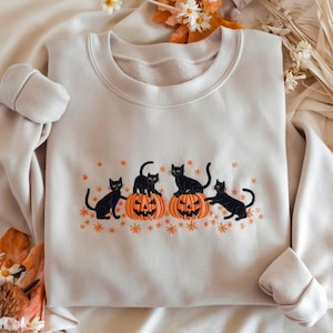 Embroidered Halloween Black Cat Sweatshirt, Pumpkin Fall Sweater, Halloween Crewneck, Cute Autumn Spooky Season, Bat Tee Top, Cat Lover Gift