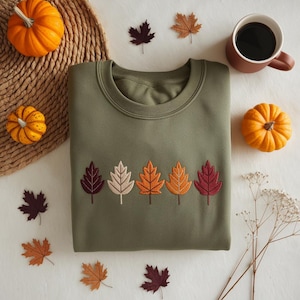 Felpa con foglie autunnali ricamate, felpa di Halloween, maglietta autunnale preppy, maglietta autunnale da donna, girocollo del Ringraziamento, stagione spettrale
