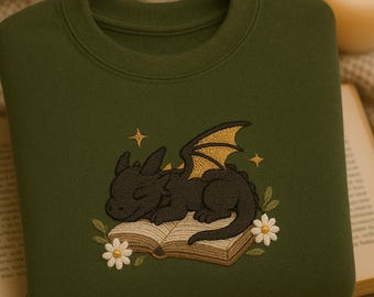 Embroidered Dragon Book Sweatshirt, Fantasy Book Reader Sweatshirt, Cottagecore Sweater, Book Addicted Shirt, Dragon Shirt, Bookworm Shirt