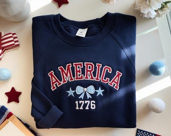 Embroidered Coquette Bow 1776 Sweatshirt | Cute Americana Independence Day, 4th of July Top | Patriotic Cute Top | 4th-Of-July Tee