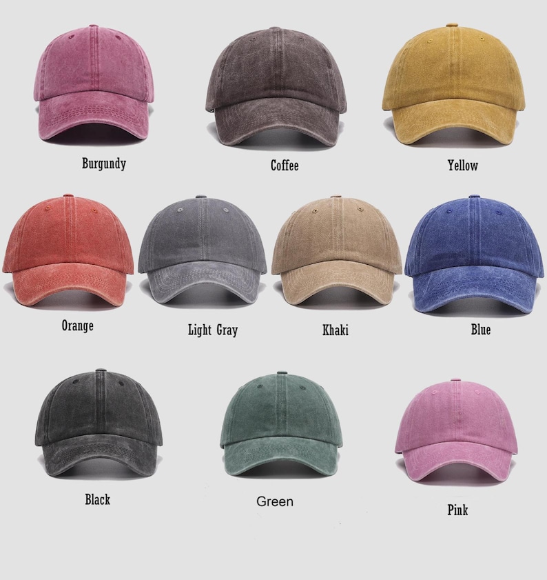 May include: Ten different colored baseball caps with a distressed look. The colors are burgundy, coffee, yellow, orange, light gray, khaki, blue, black, green, and pink.