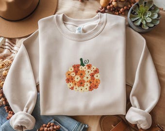 Sudadera con bordado floral de calabaza, suéter bohemio de otoño
