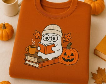 Ghost Reading Sweatshirt, Halloween Sweatshirt, Embroidered Ghost, Ghost Reading Books, Fall Crew, Halloween Embroidery, Ghost Book Sweater