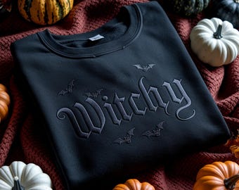 Embroidered Witchy Halloween Sweatshirt: Wiccan Bat Style