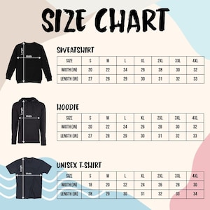 以下が含まれることがあります： スウェットシャツ、パーカー、ユニセックスTシャツのサイズチャート。幅と長さのインチ単位の測定値を表示し、サイズSから4XLまであります。「SIZE CHART」の文字が上部にあります。
