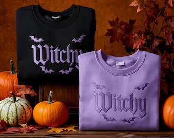 Embroidered Witchy Halloween Sweatshirt: Wiccan Bat Style