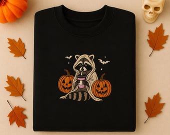 Embroidered Halloween Raccoon Sweatshirt, Halloween Sweater, Halloween Sweatshirt, Spooky Season Hoodie,Ghost Sweatshirt,Raccoon Lover Shirt