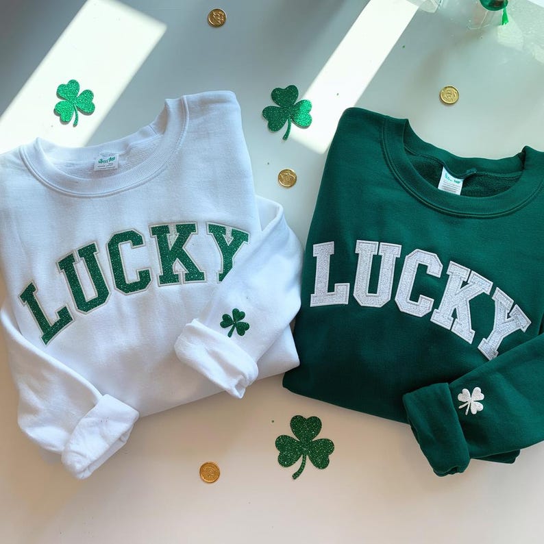 Embroidered Glitter Lucky Sweatshirt, St. Patrick's Day Crewneck image 1