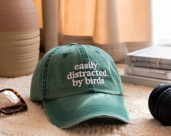 Easily Distracted By Birds Embroidered Baseball Hat, Embroidered Birds Lover Hat, Birdwatcher Cap,Vintage Birds, Funny Gift for Bird Watcher