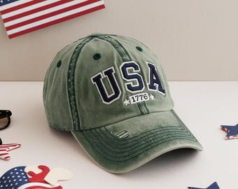 Embroidered USA Patriotic Washed Hat, USA Baseball Hat, Blue USA Baseball Cap, July 4th, Memorial Day, Ponytail Hat, 4th of July Gifts